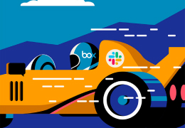 An illustration of a Slack branded race car being driven by a racer with a Box branded helmet on.