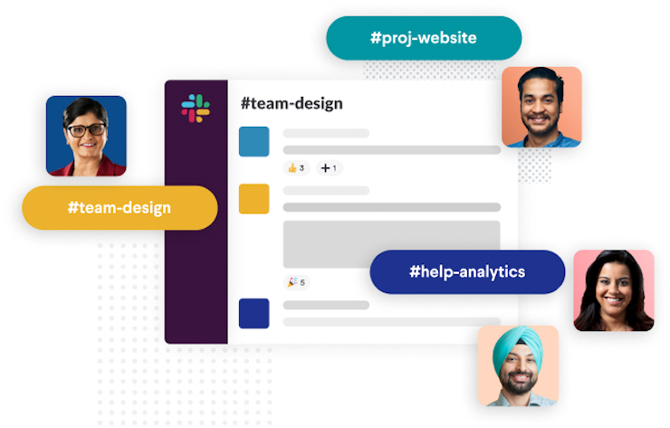 A Slack channel surrounded by users’ profile photos and channel names such as “team design” and “billing”