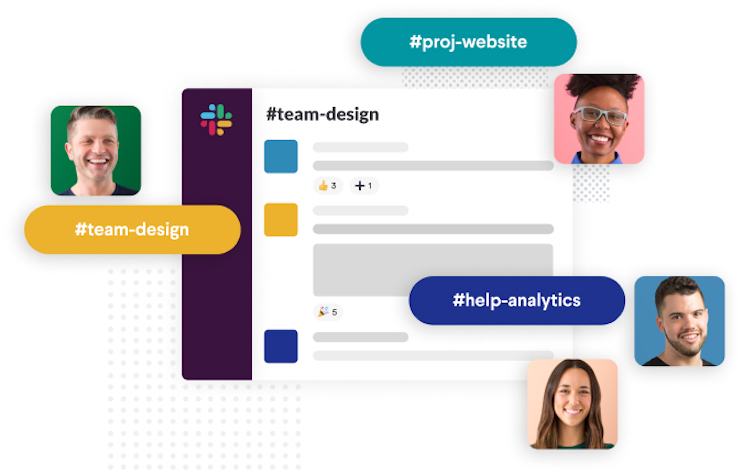 A Slack channel surrounded by people’s profile photos and channel names like “team design” and “billing”