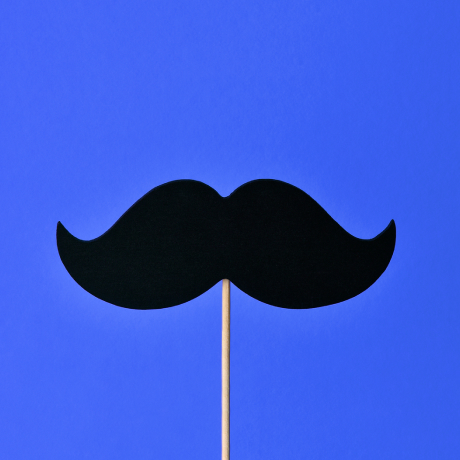A mustache on a stick in front of a blue background