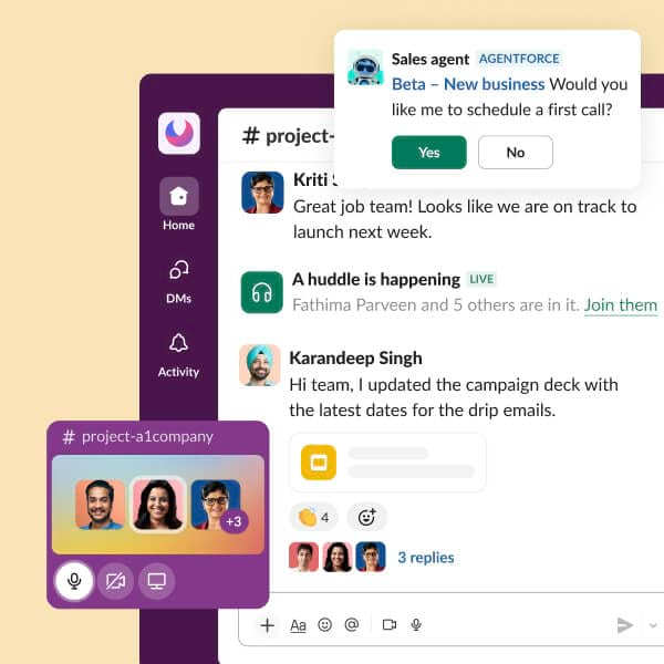 A mockup displays a virtual huddle.