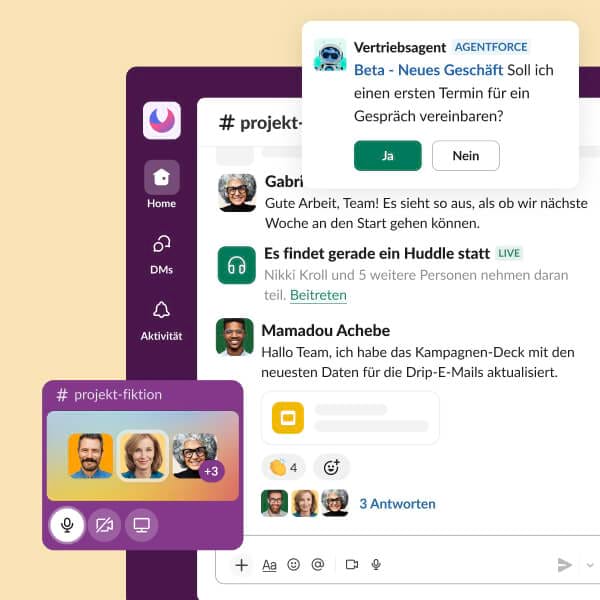 A mockup displays a virtual huddle.