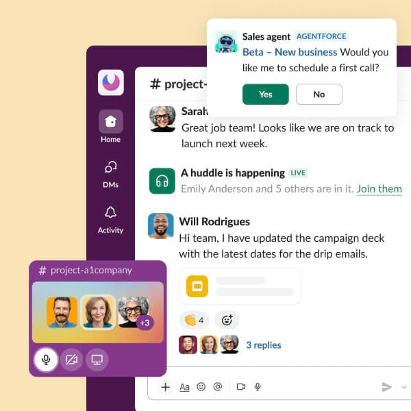 A mockup displays a virtual huddle.