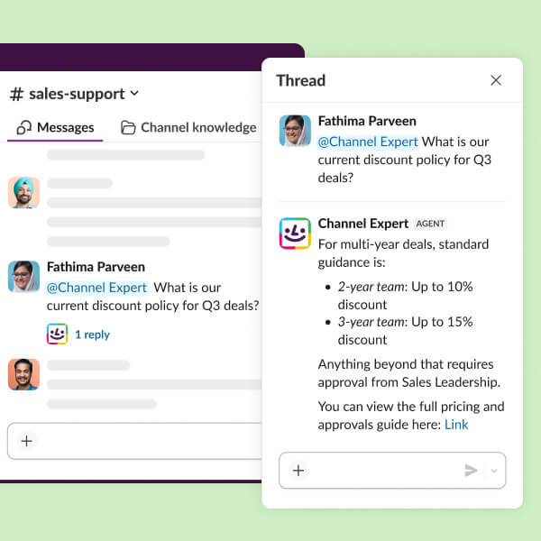A search results page displays Al answers to a direct message inquiry.