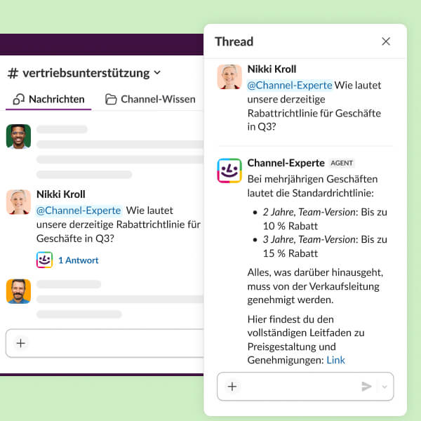 A search results page displays Al answers to a direct message inquiry.