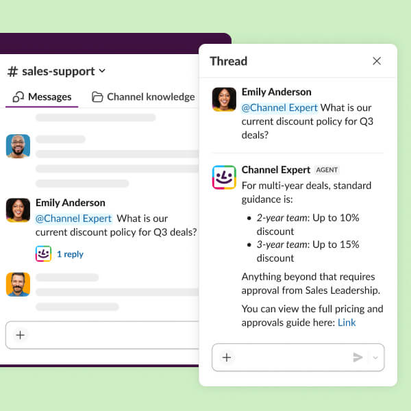 A search results page displays Al answers to a direct message inquiry.