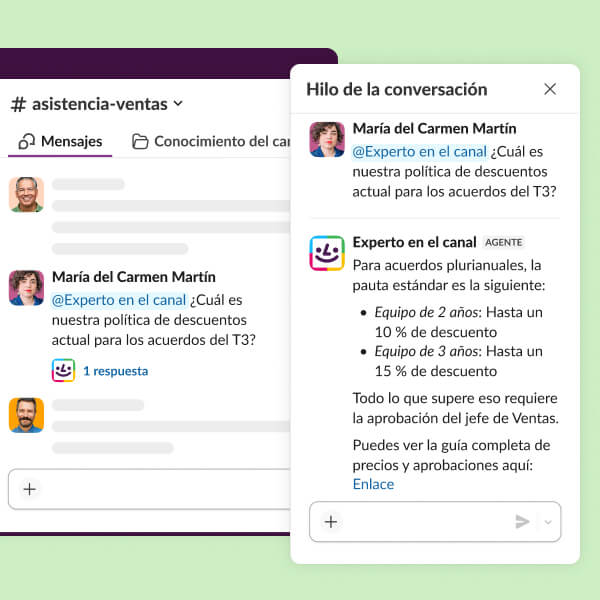 A search results page displays Al answers to a direct message inquiry.