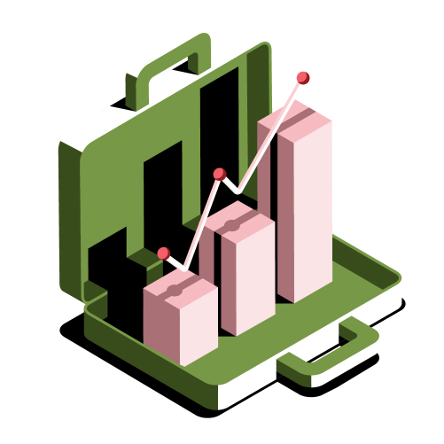 An illustration of an upwards trending graph coming out of a briefcase.