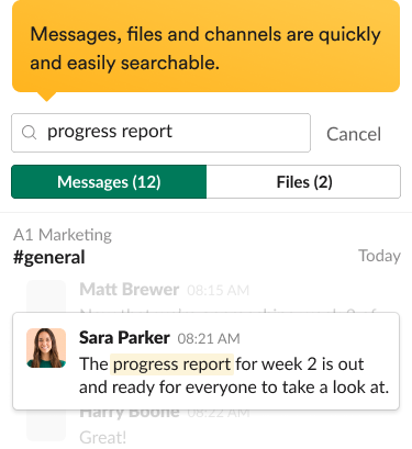 Search results in the Slack interface, including relevant messages and search filters.