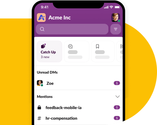 The Slack mobile app is visible with messages and mentions