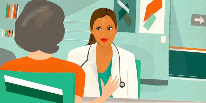 An illustration of a patient speaking to her doctor.