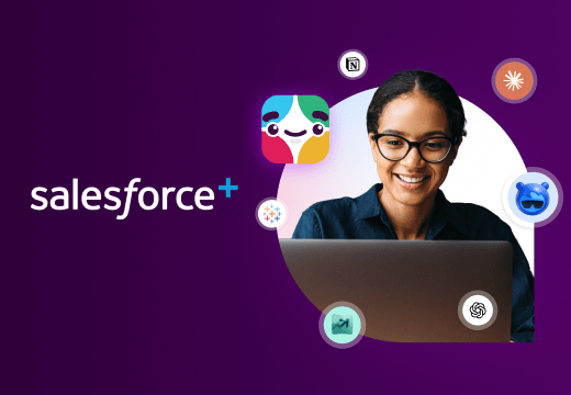 A picture of a woman on a laptop with a Slackbot icon.