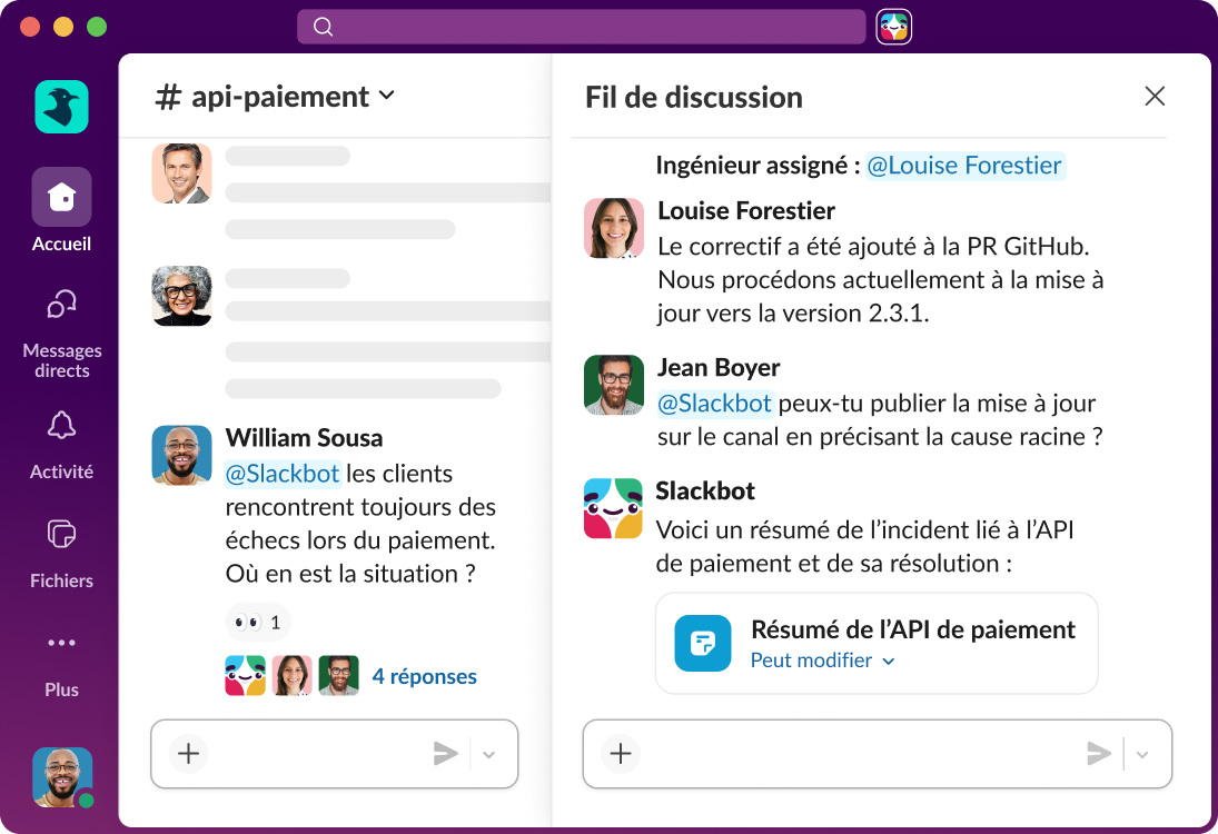 Slackbot est mentionné dans un canal et fournit un résumé d’un incident en cours