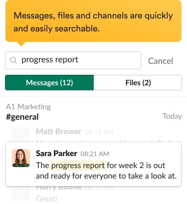 Search results in the Slack interface, including relevant messages and search filters.