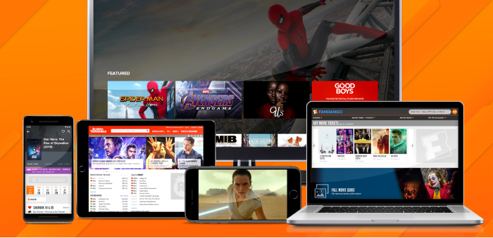 A collection of devices displaying the Fandango site.