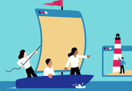 An illustration of people on a boat waving to someone on shore in front of a lighthouse