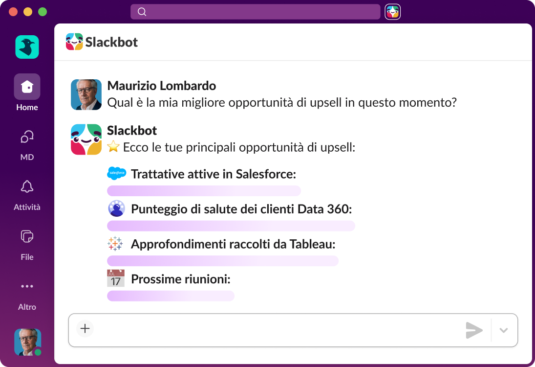 Slackbot risponde a una domanda sulle opportunità di upselling attingendo a Salesforce, Data 360, Tableau e alle prossime riunioni