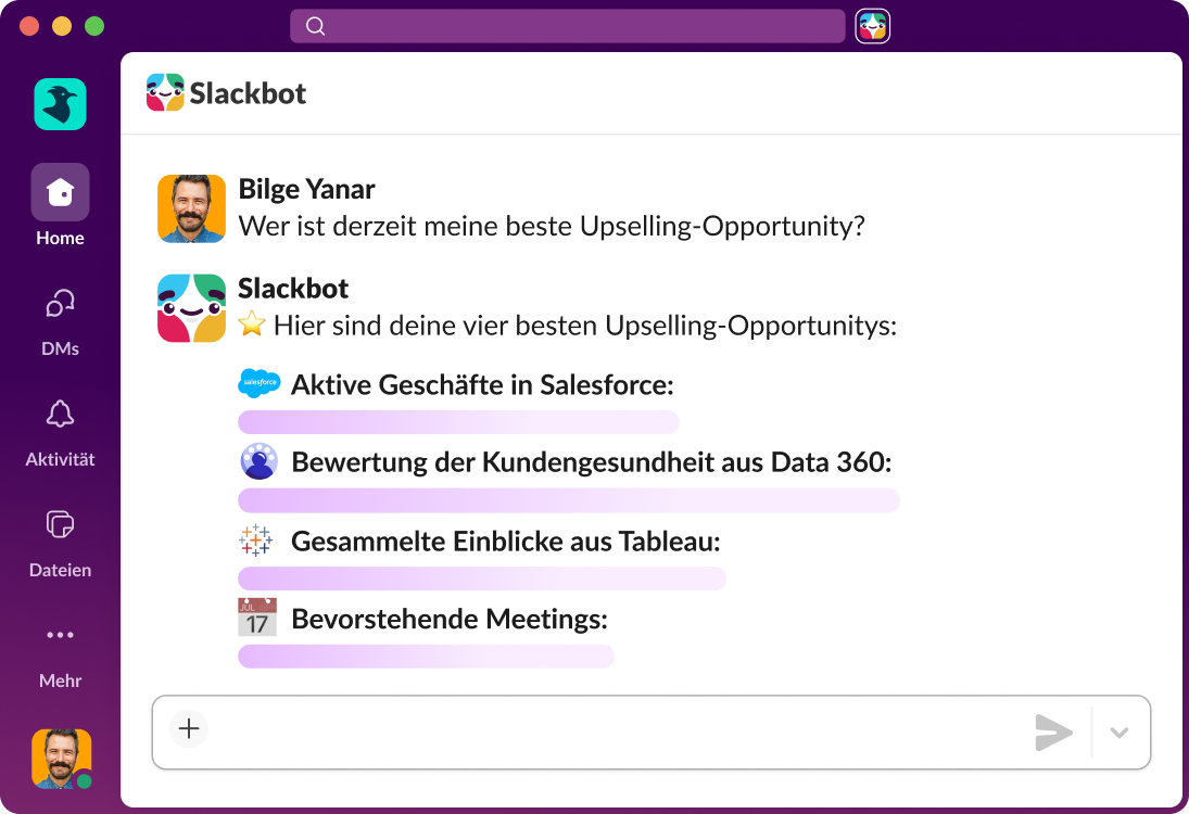 Slackbot beantwortet eine Frage zu Upselling-Opportunitys, indem er Daten aus Salesforce, Data 360, Tableau und anstehenden Meetings abruft