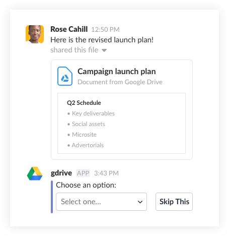 Someone sharing a file with the Google Drive app in Slack