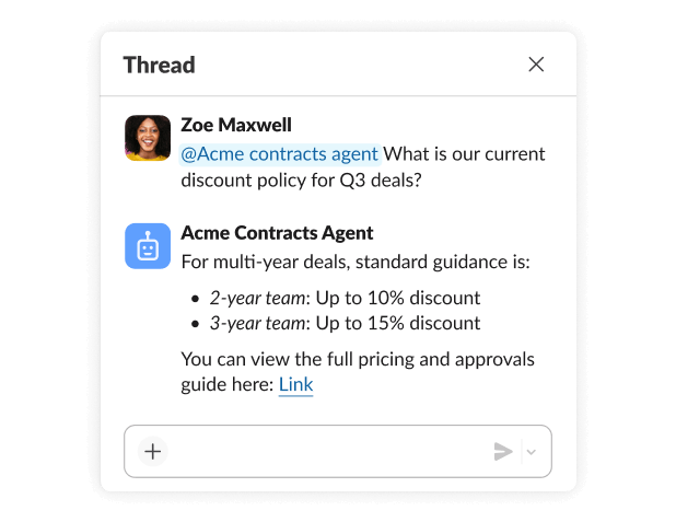 A thread between an employee and agent discussing discount policy for deals.