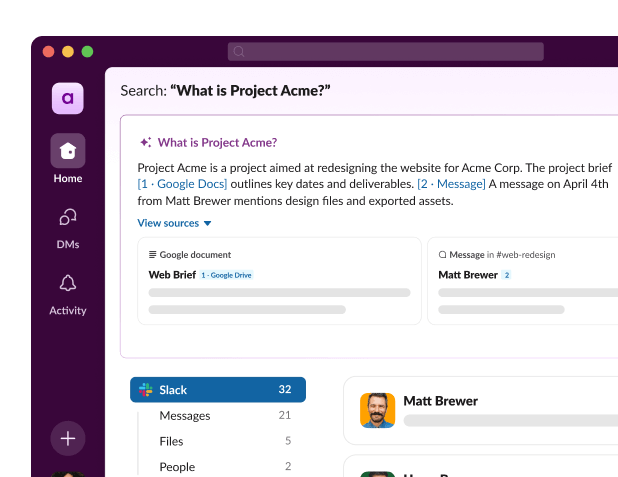 Slack search UI shows answers for the question “What is Project Acme?”.