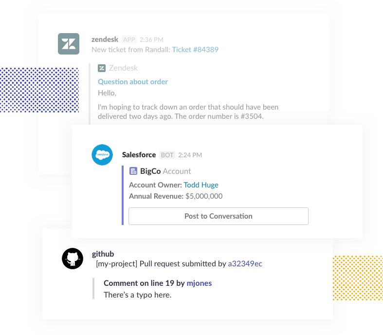 Automated messages from Zendesk, Github, and Salesforce apps. Salesforce integration displays customer account information with button to post to main converstation.
