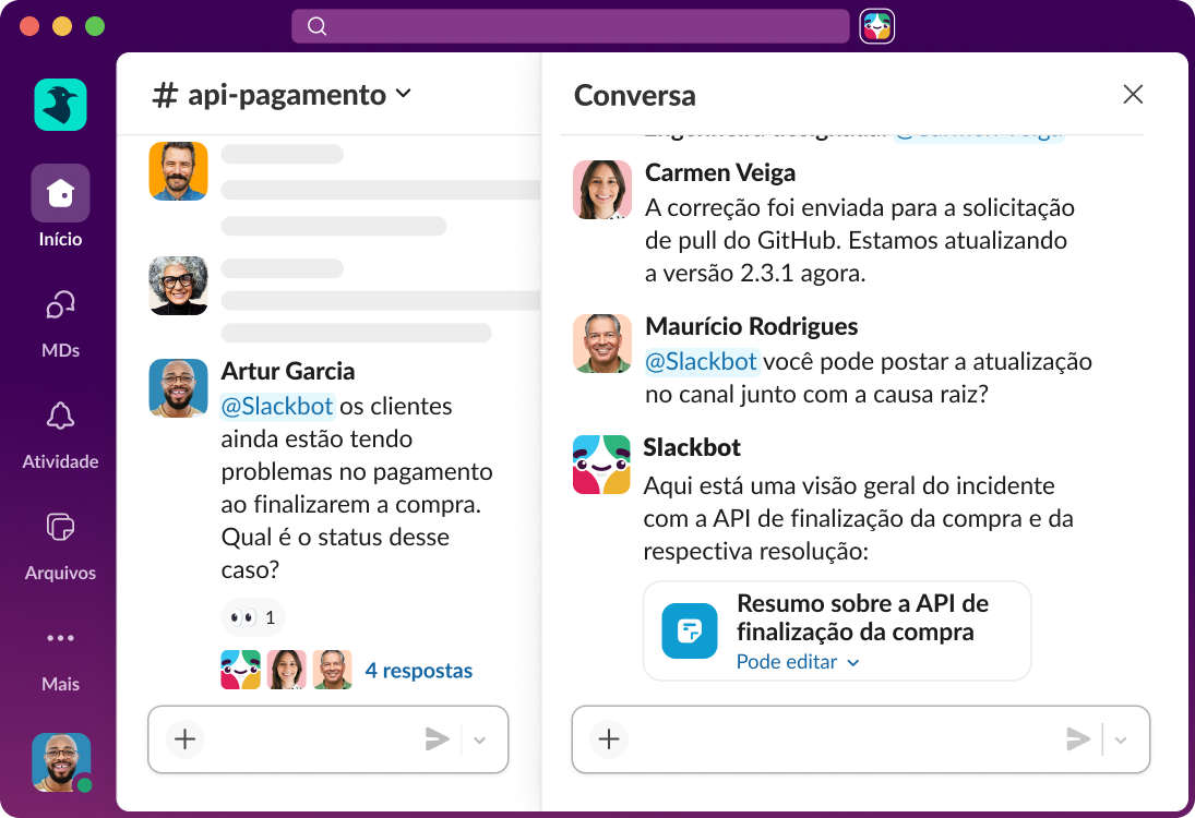 O Slackbot é marcado em um canal e fornece um resumo de um incidente em andamento