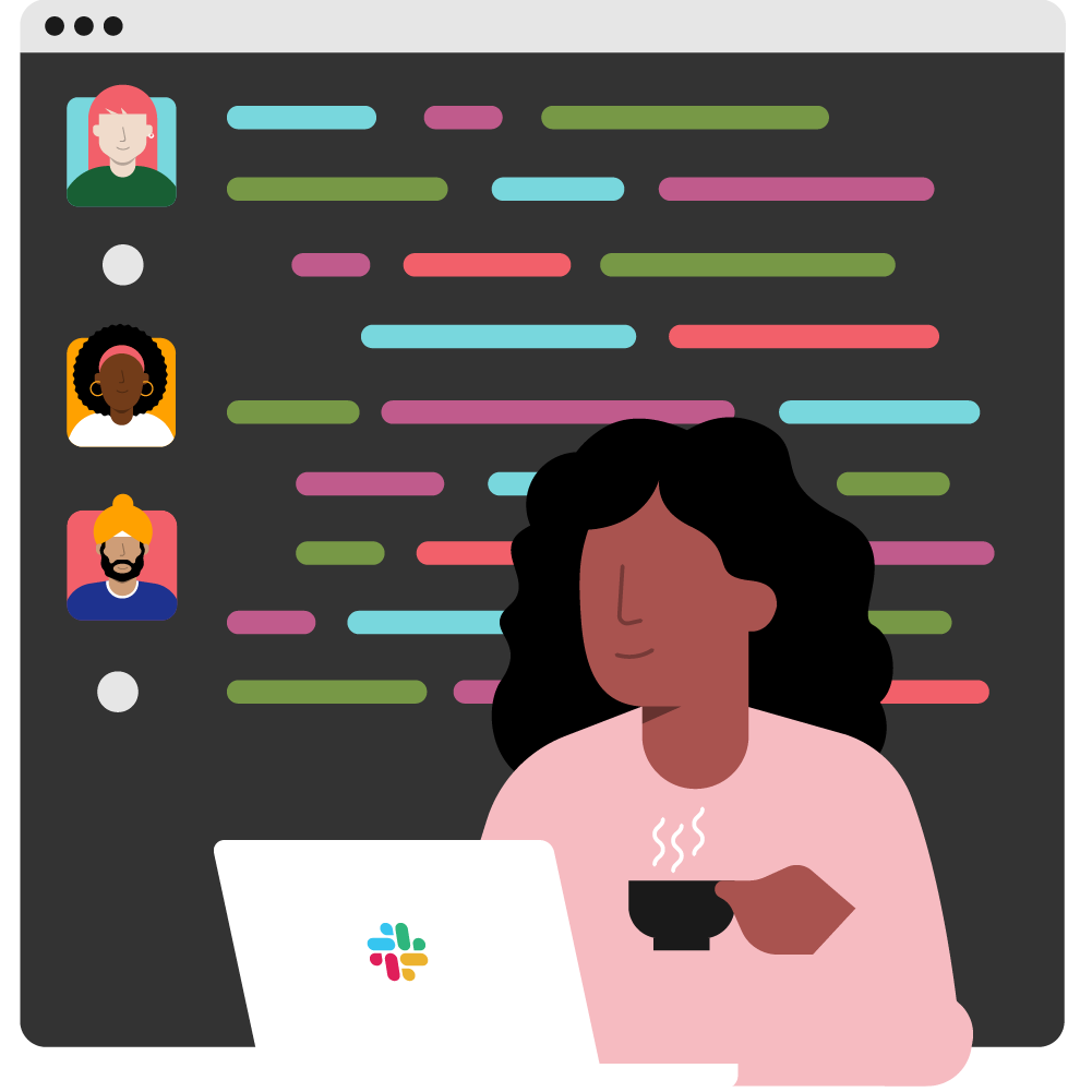 An illustration of a person sipping a hot beverage while scrolling through a Slack channel on a laptop
