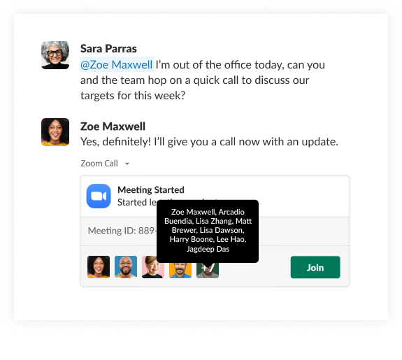 Zoom being used to setup a video conference call in Slack