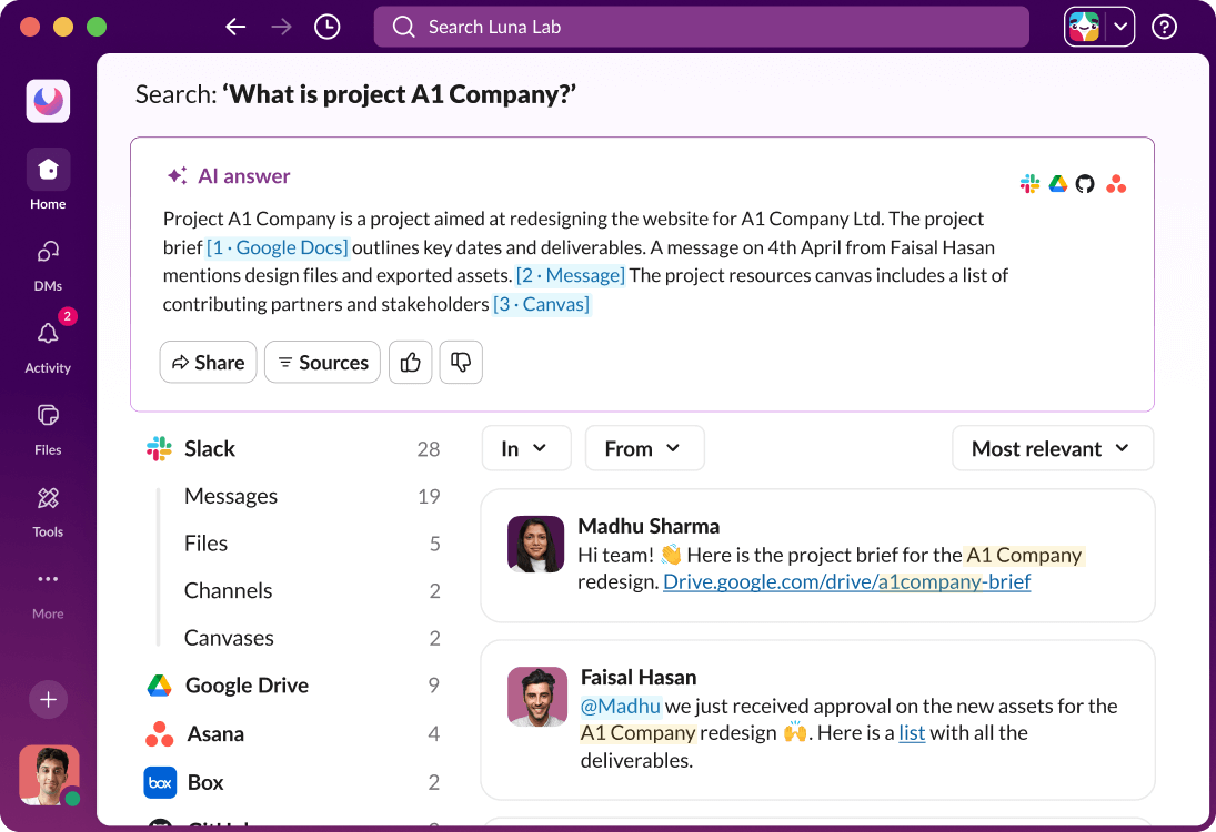Slack UI displays an AI answer to a search query.