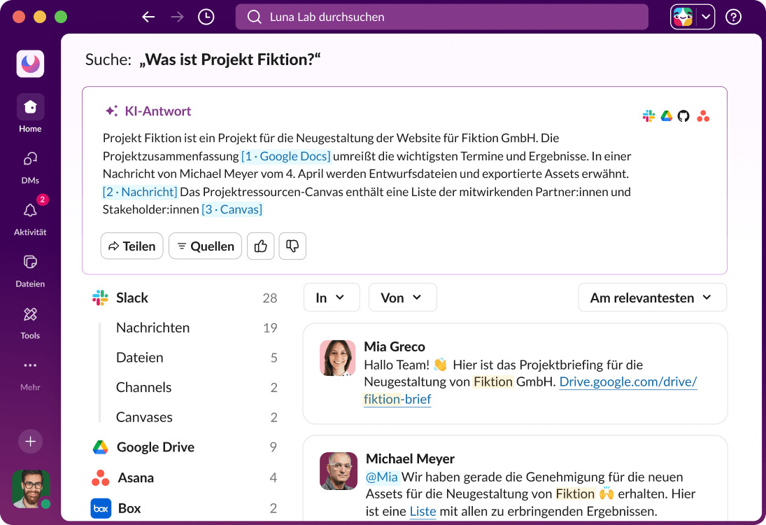 Die Slack-UI zeigt eine KI-Antwort auf eine Suchanfrage.