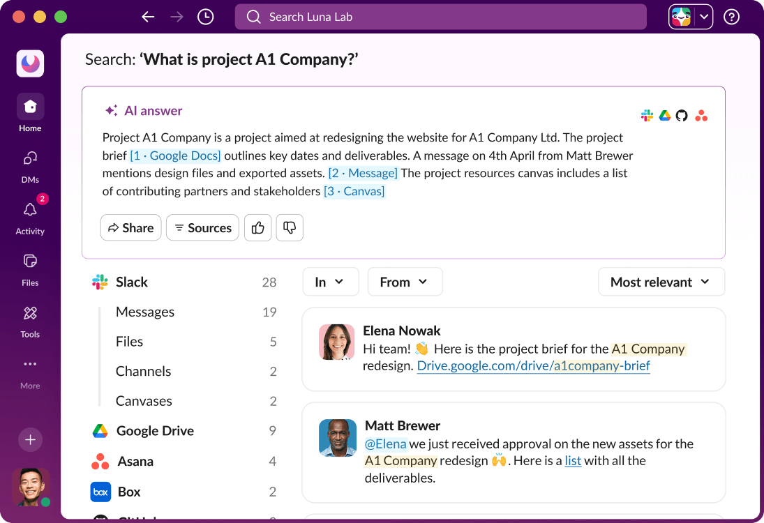 Slack UI displays an AI answer to a search query.