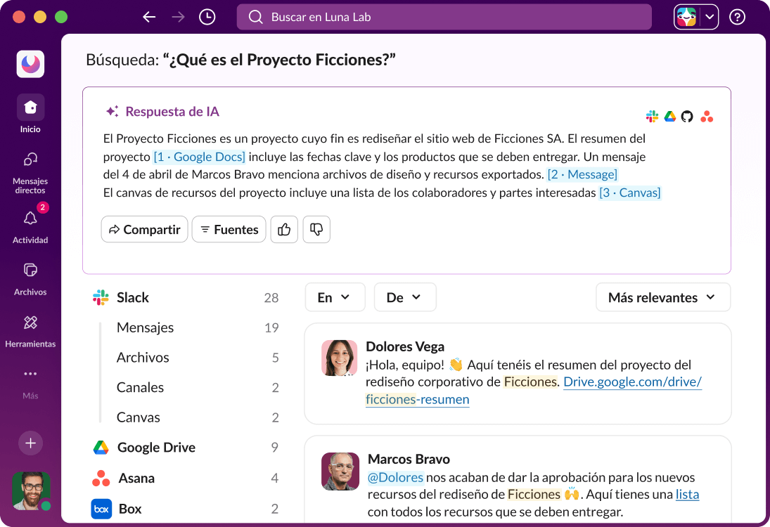 La interfaz de usuario de Slack muestra una respuesta de IA a una consulta de búsqueda.