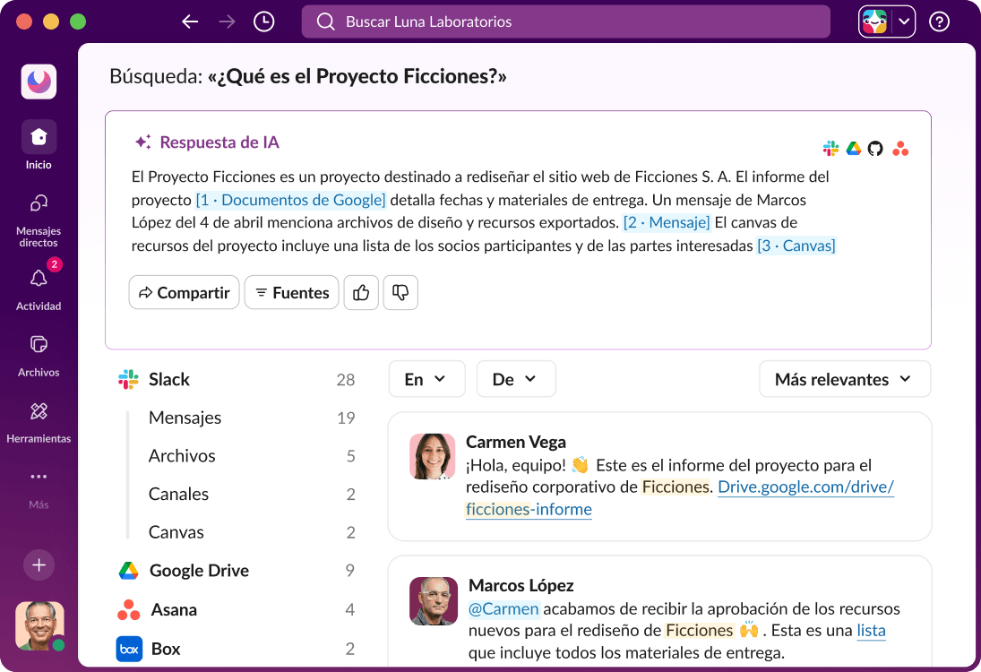 La interfaz de usuario de Slack muestra una respuesta de la IA para una consulta de búsqueda.