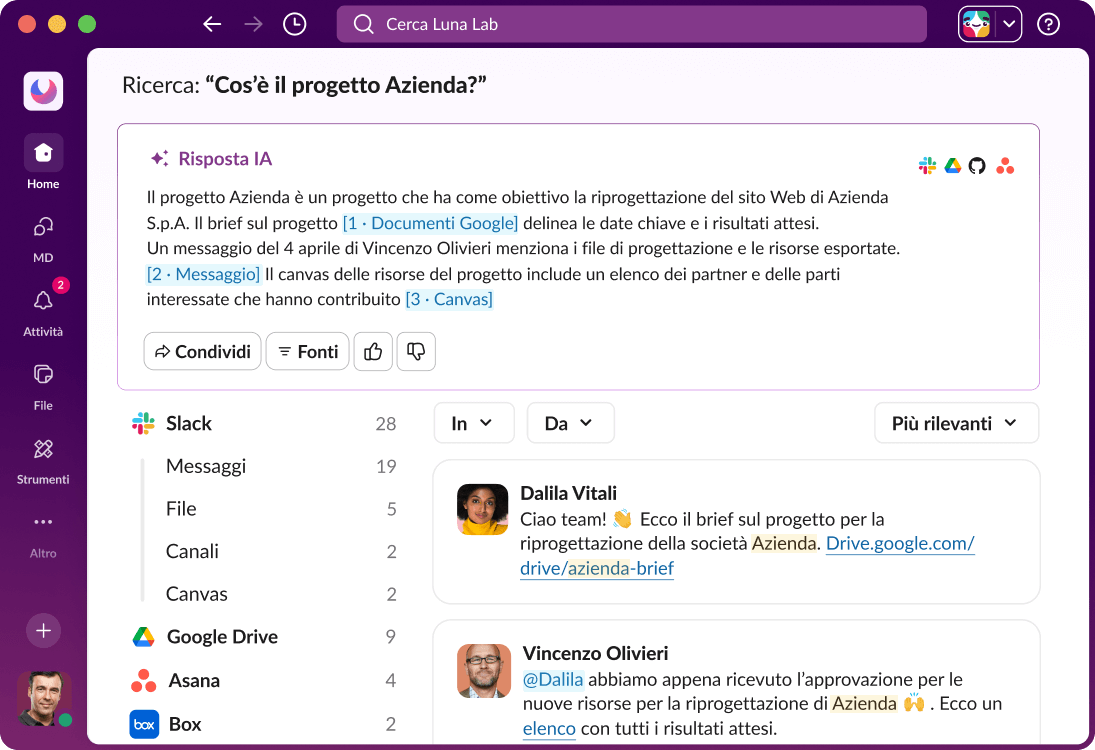 L'interfaccia utente di Slack mostra una risposta IA a una query di ricerca.