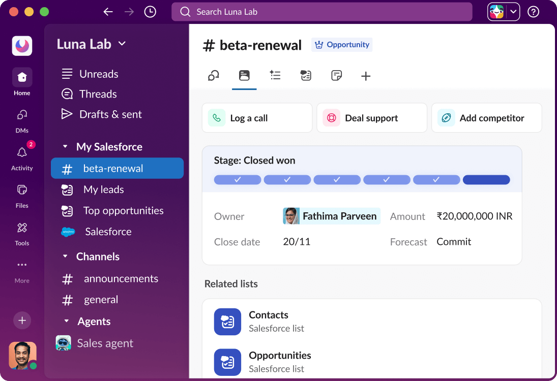 A Salesforce channel in Slack shows a dashboard with data related to an opportunity.