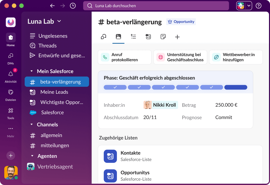 Ein Salesforce-Channel in Slack zeigt ein Dashboard mit Daten zu einer Opportunity.