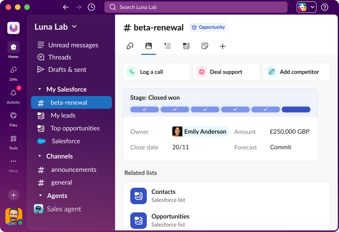 A Salesforce channel in Slack shows a dashboard with data related to an opportunity.