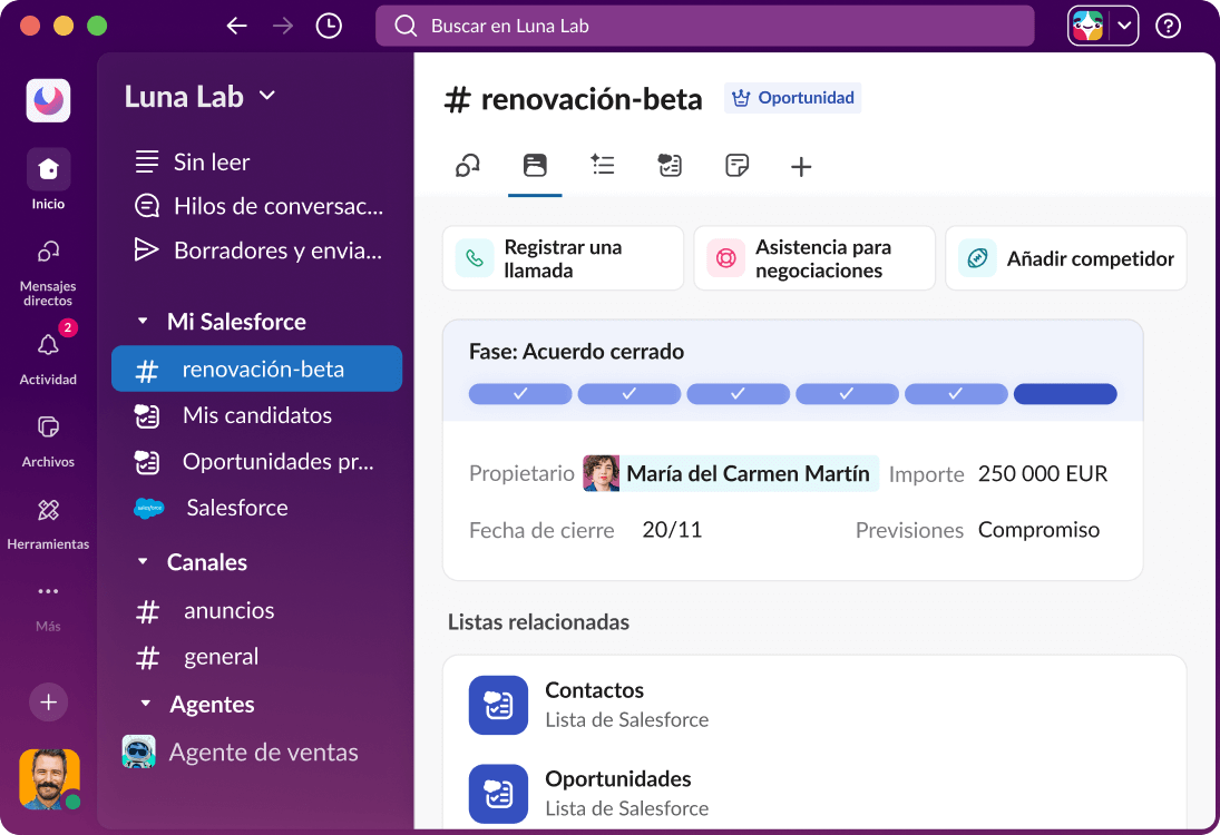 Un canal de Salesforce en Slack muestra un panel con datos relacionados con una oportunidad.