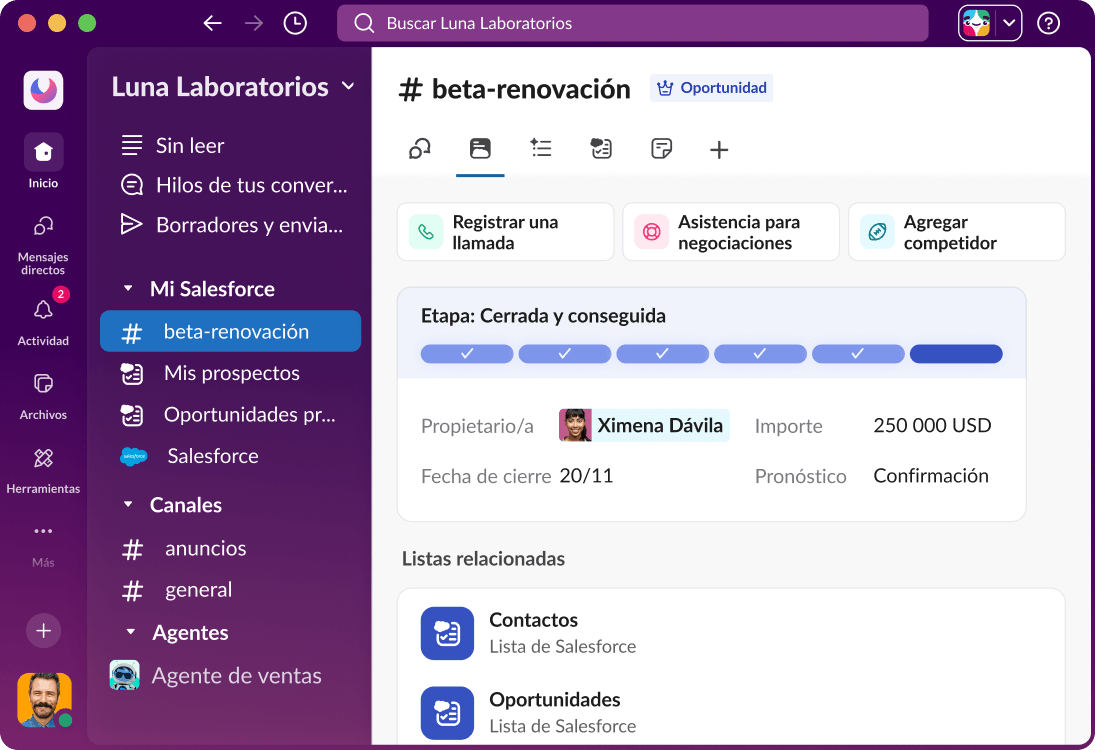 Un canal de Salesforce en Slack muestra un dashboard con datos relativos a una oportunidad.