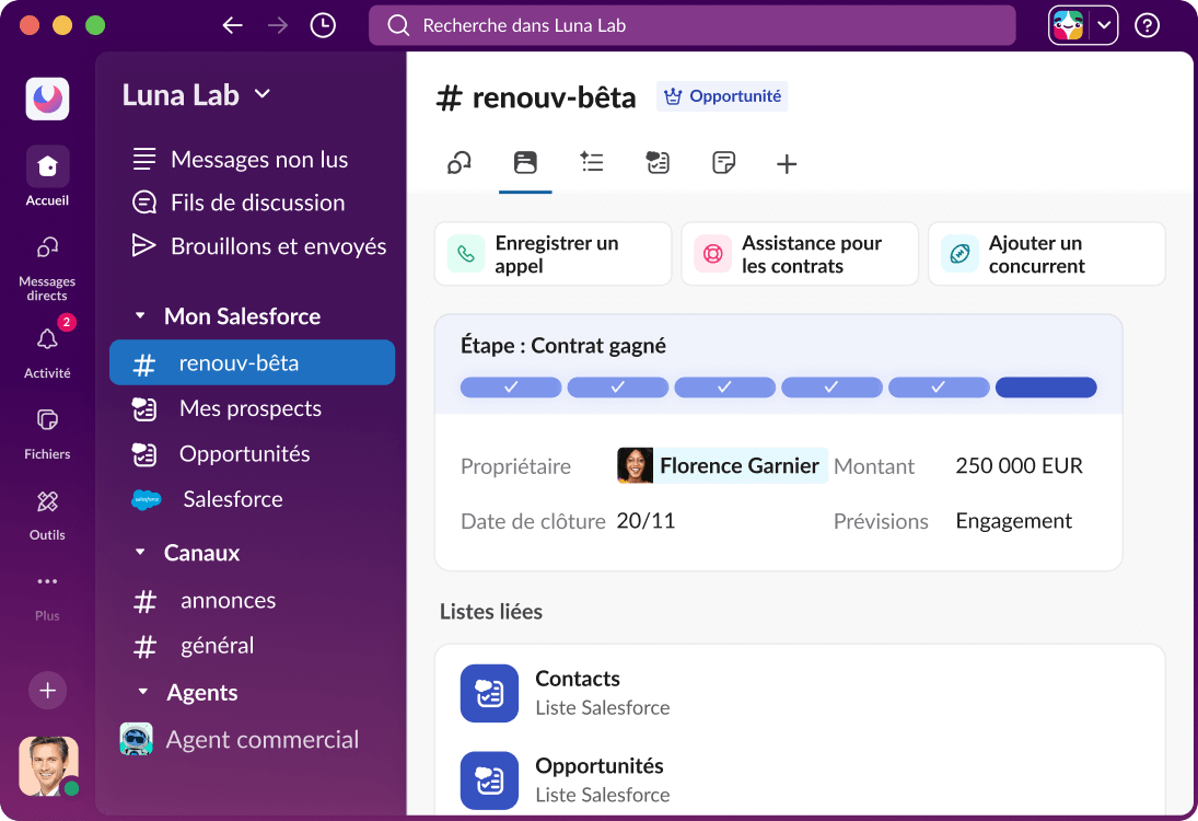 Un canal Salesforce dans Slack affiche un tableau de bord contenant des données relatives à une opportunité.