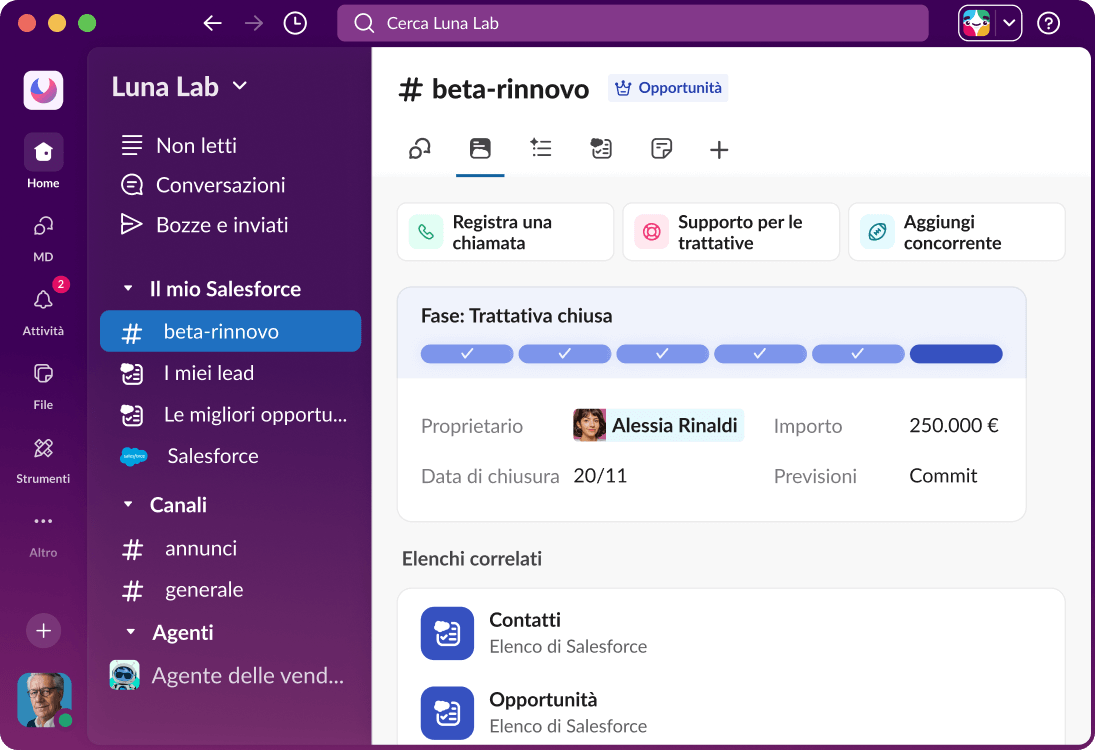 Un canale Salesforce in Slack mostra una dashboard con dati relativi a un'opportunità.
