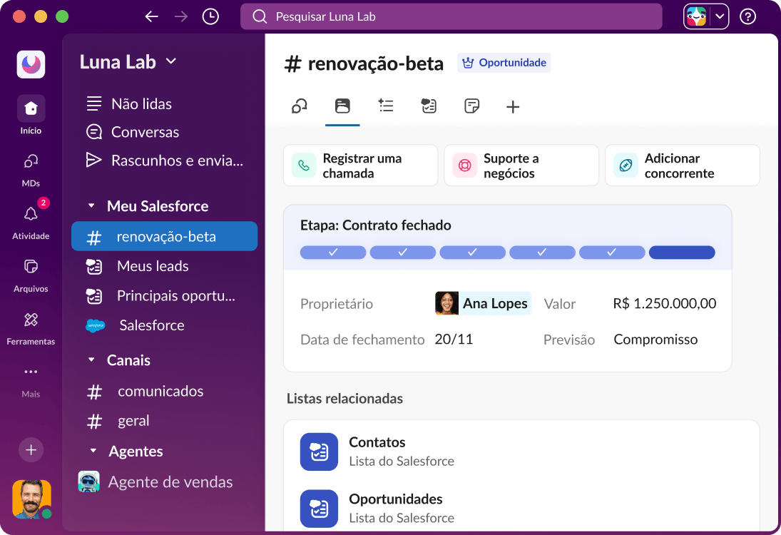 Um canal do Salesforce no Slack mostra um painel com dados relacionados a uma oportunidade.