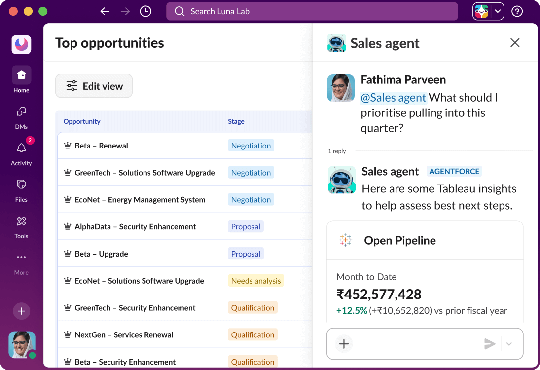A list in Slack displays sales opportunities and a conversation with an Agentforce agent.