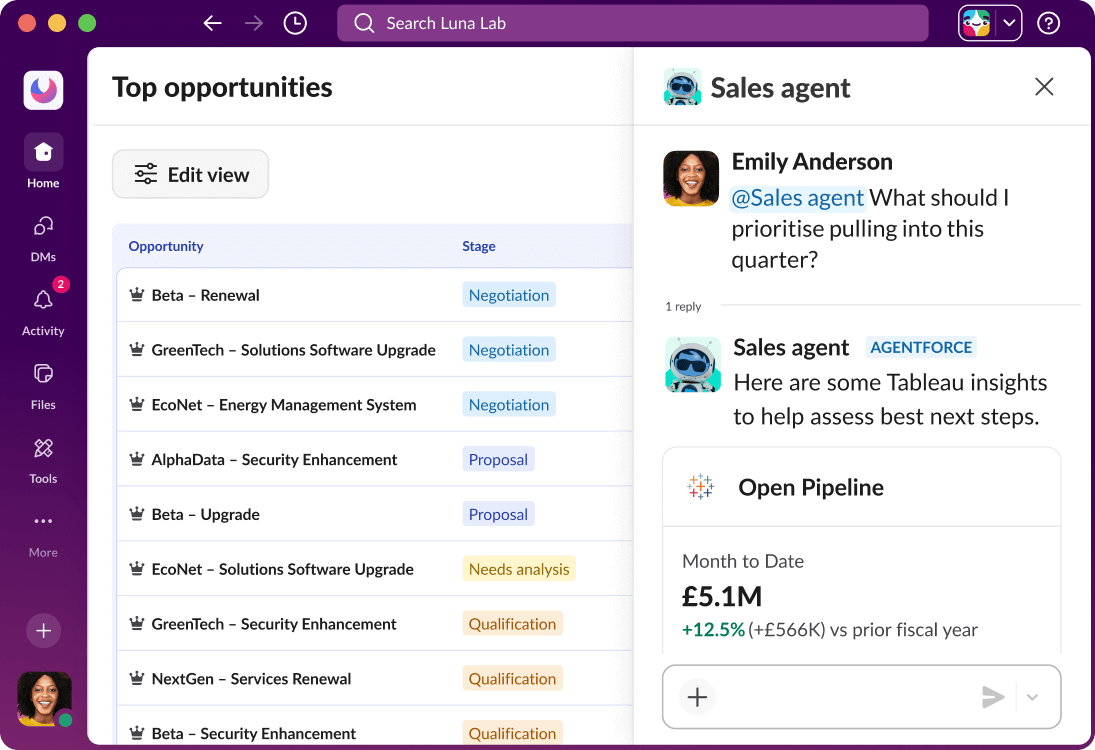 A list in Slack displays sales opportunities and a conversation with an Agentforce agent.