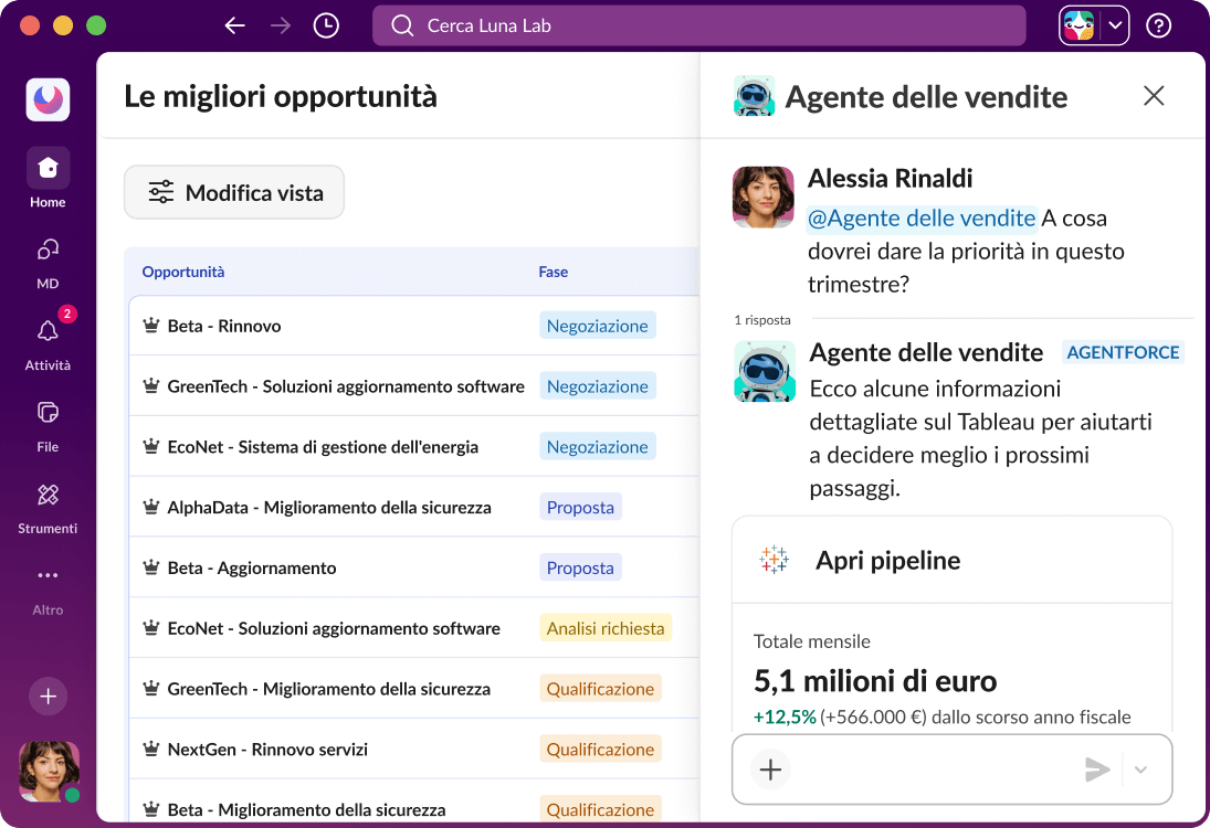 Un elenco in Slack mostra le opportunità di vendita e una conversazione con un agente Agentforce.