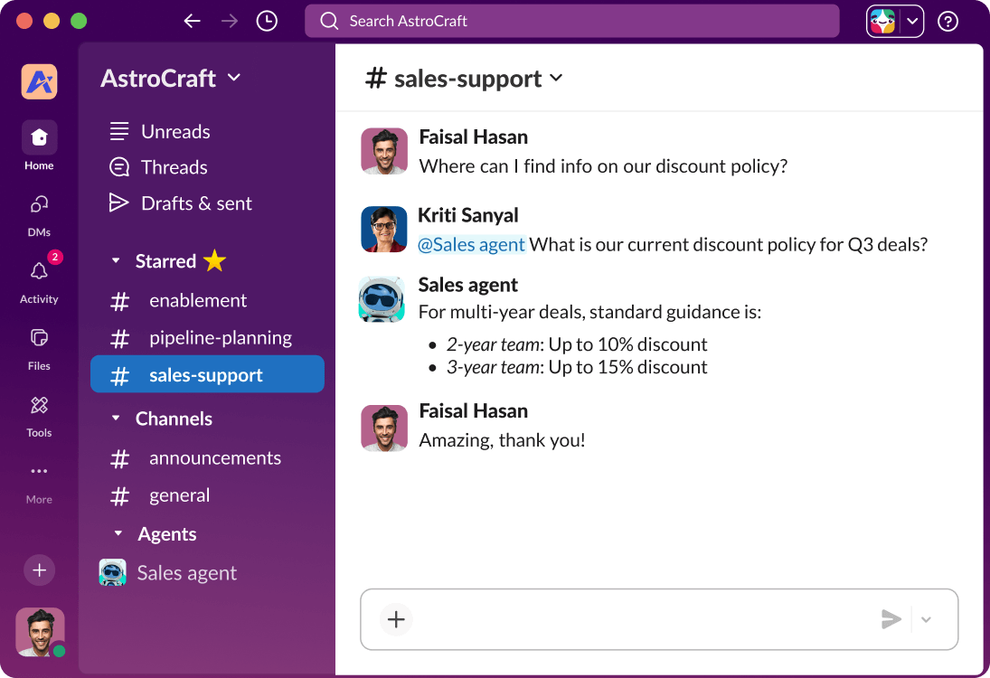 Slack UI shows the a conversation thread between a team and an Agentforce agent.