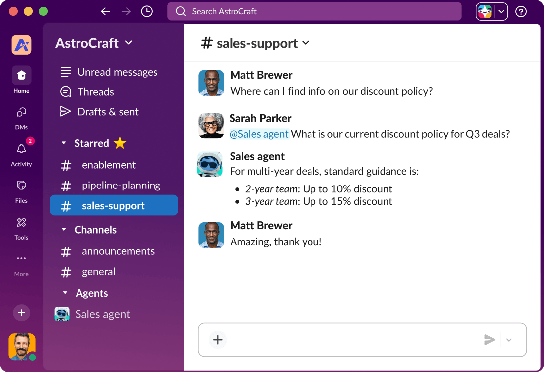 Slack UI shows the a conversation thread between a team and an Agentforce agent.