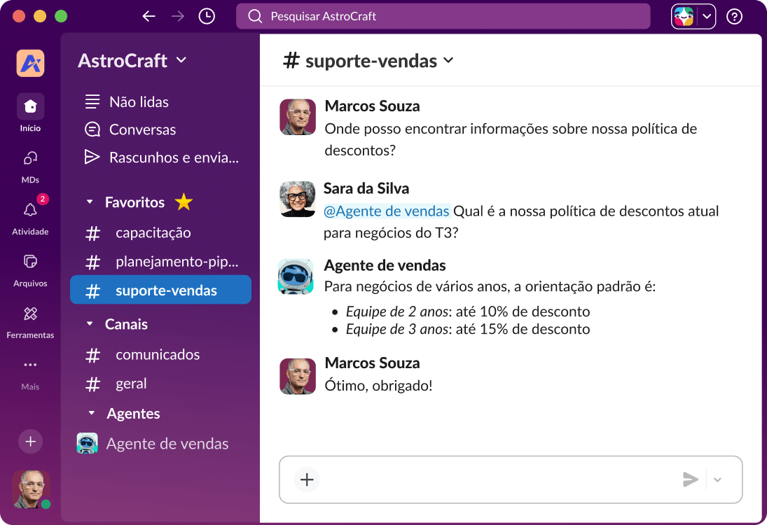 A interface do Slack mostra uma conversa entre uma equipe e um agente do Agentforce.