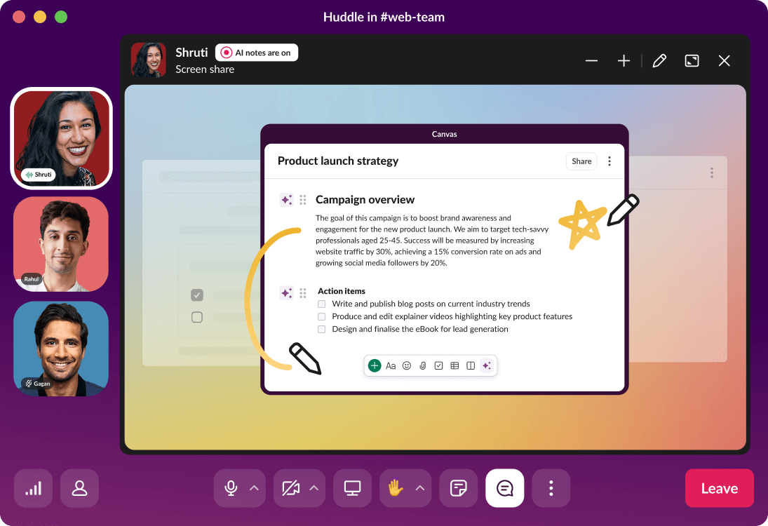 A huddle in Slack shows a presentation for product launch strategy.